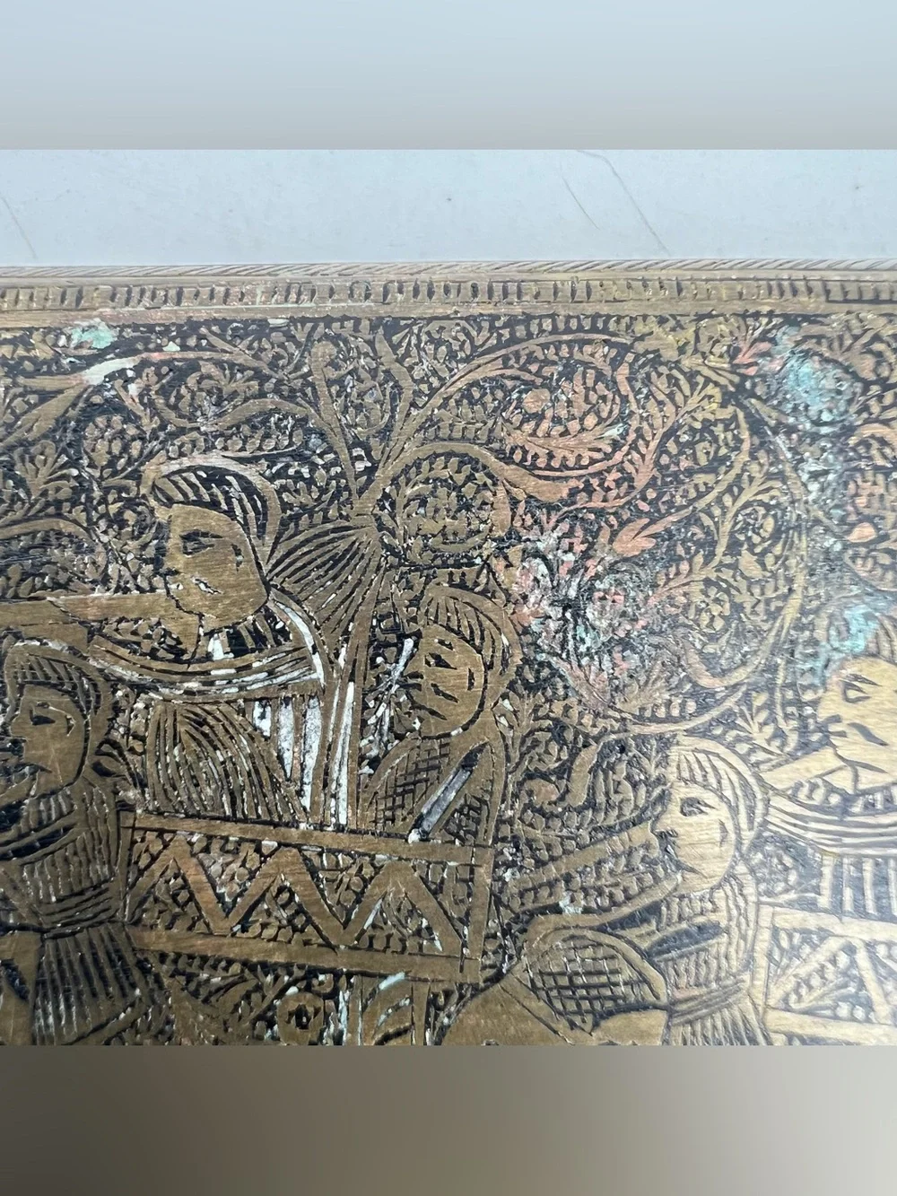 Vintage Brass Etched Cigarette Case Elastic Band Ornate Elephants Hunting Patina